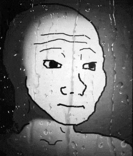 Sad Wojak meme with raindrops, evoking a melancholic mood.