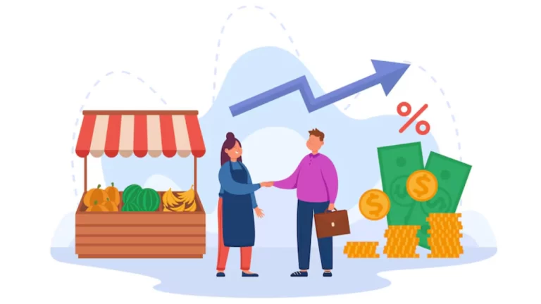 Illustration of a small business owner shaking hands with a moneylender, symbolising a financial agreement or loan partnership.