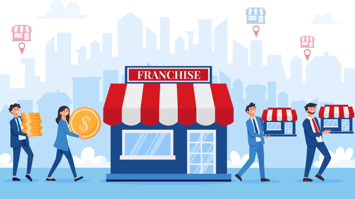 Franchise business concept showing multiple retail outlets in a city, representing low investment franchise opportunities and business expansion.